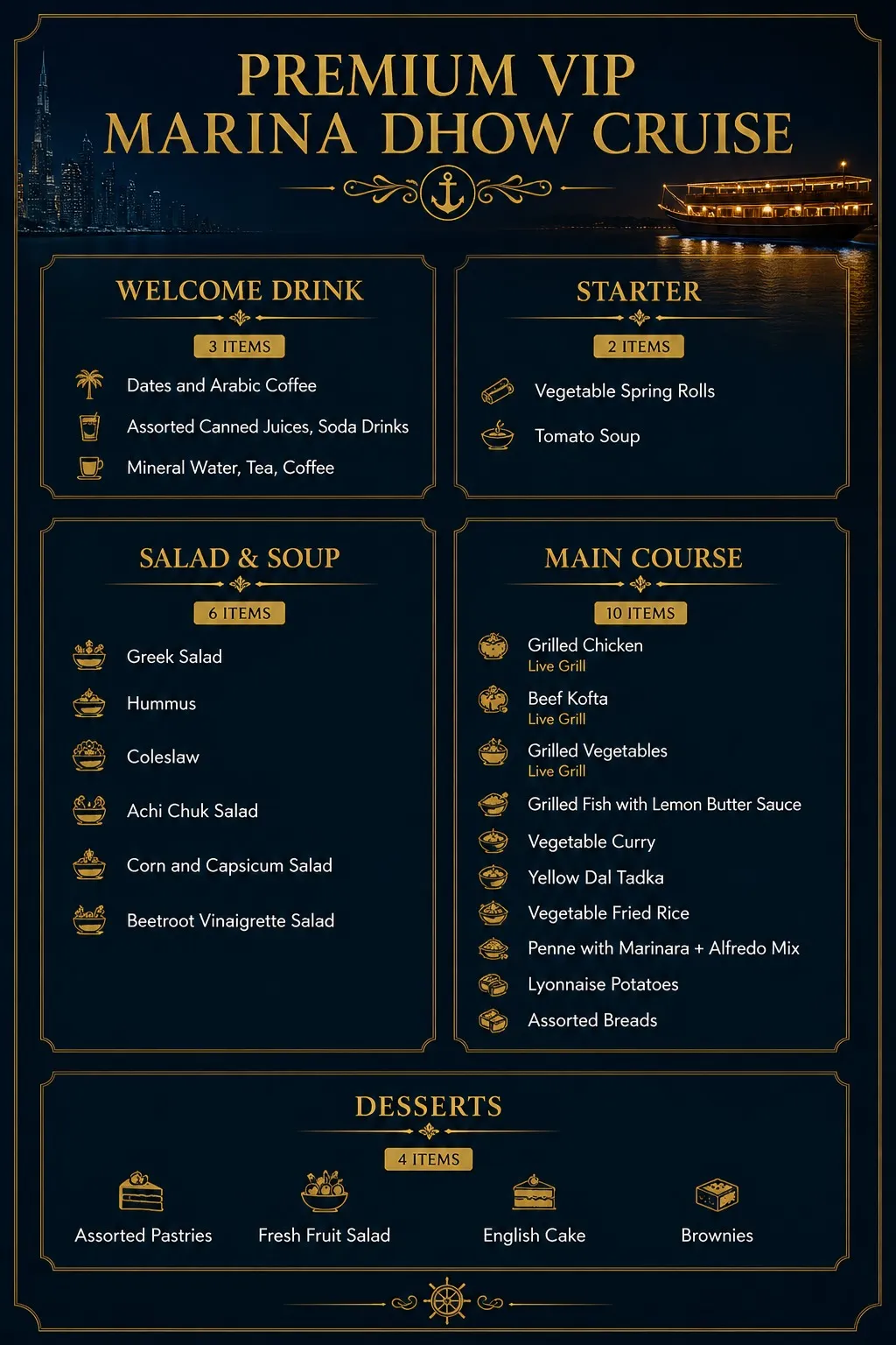 Dhow Cruise Dubai dinner menu